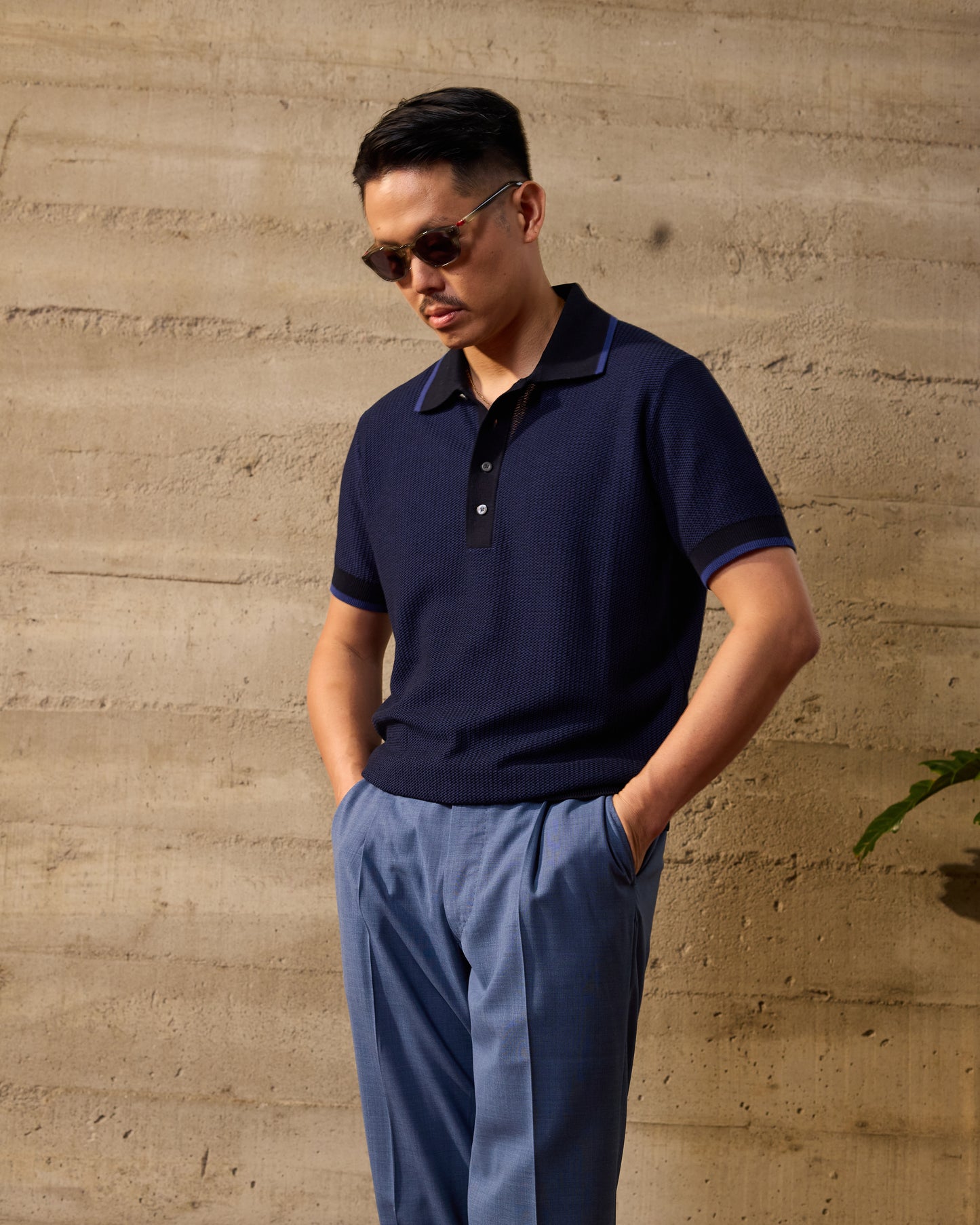 Knitted polo two tone fish stitch - Blue and purple - cotton