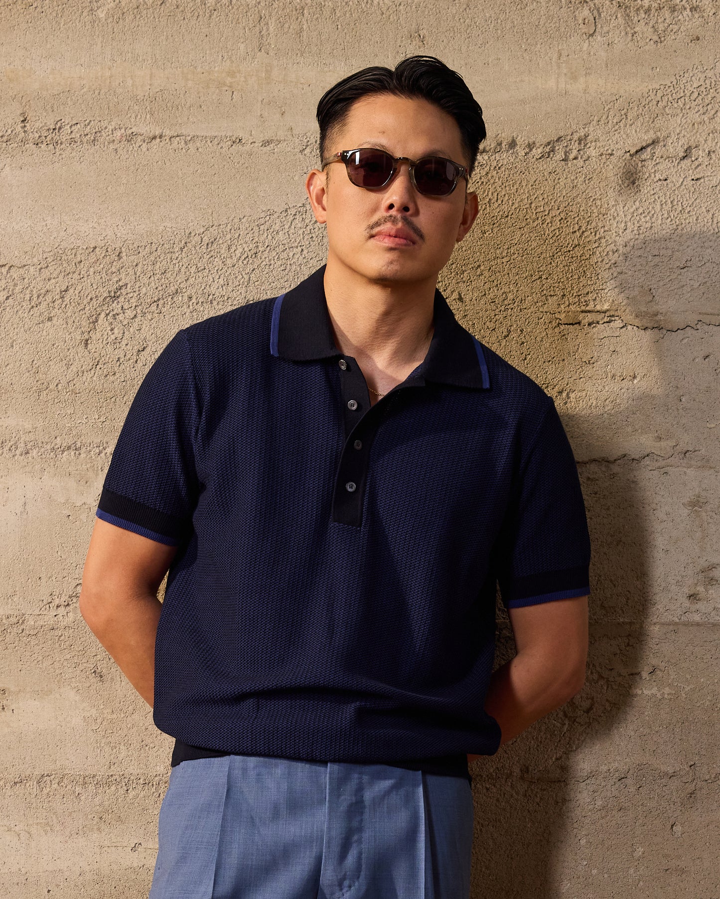 Knitted polo two tone fish stitch - Blue and purple - cotton