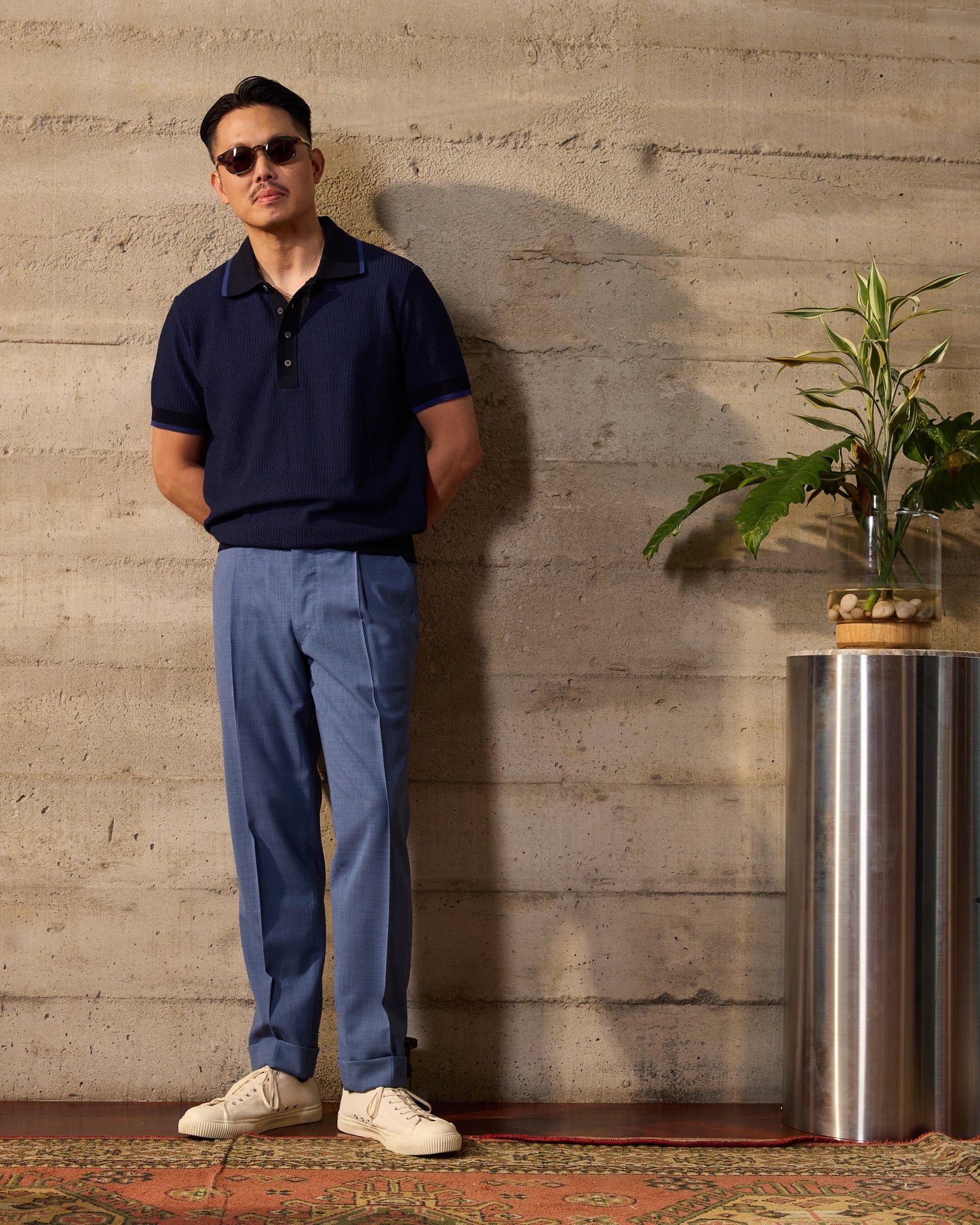 Knitted polo two tone fish stitch - Blue and purple - cotton