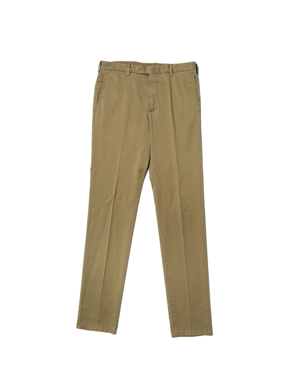 Washed cotton twill - Flat front trousers - Olive green