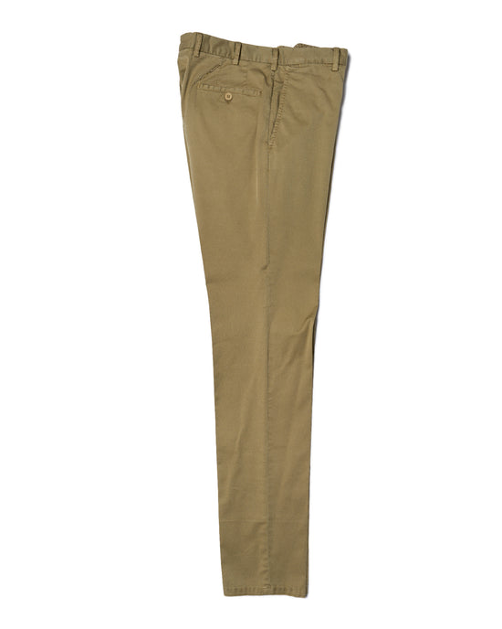 Washed cotton twill - Flat front trousers - Olive green