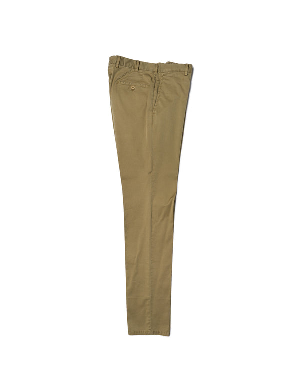 Washed cotton twill - Flat front trousers - Olive green