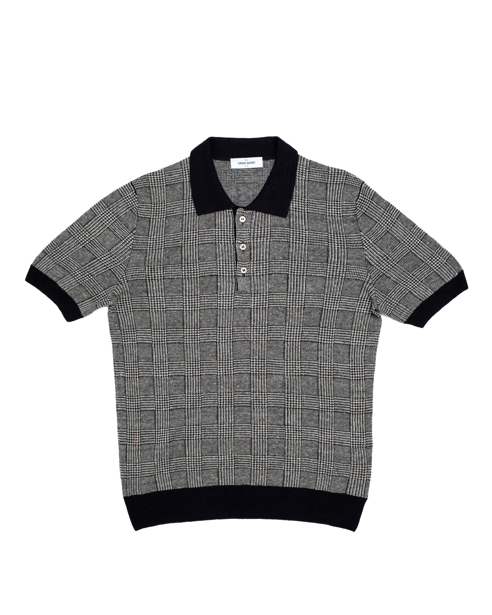 Knitted linen and silk polo - Glen plaid Black/white