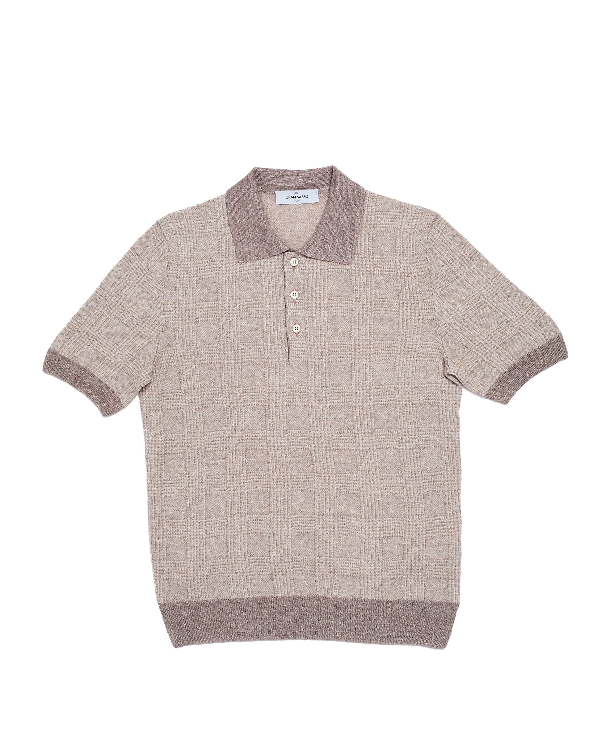 Knitted linen and silk polo - Glen plaid Brown/white