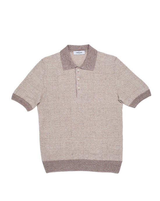 Knitted linen and silk polo - Glen plaid Brown/white