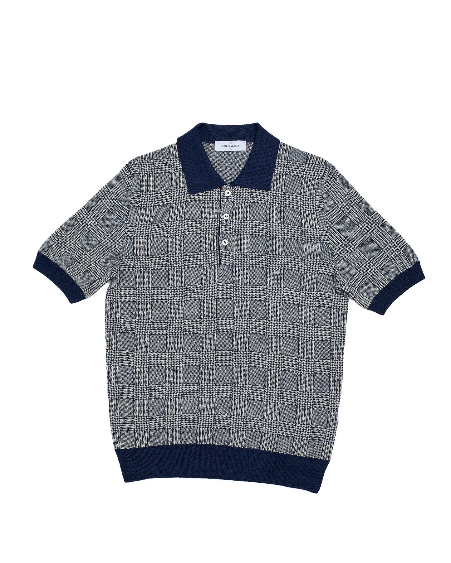 Knitted linen and silk polo - Glen plaid Navy/white