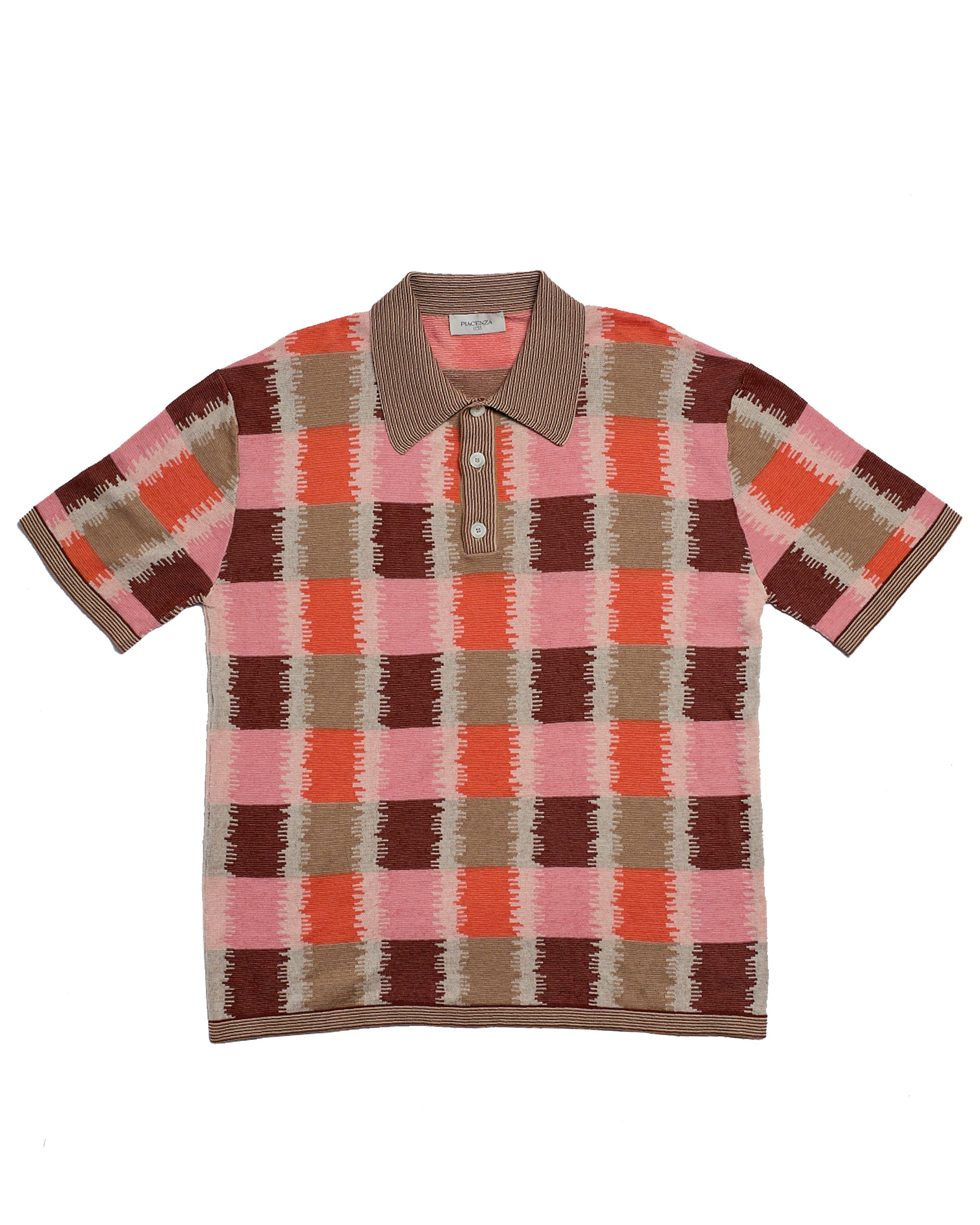 Knitted polo Plaid jacquard - Orange pink - cotton