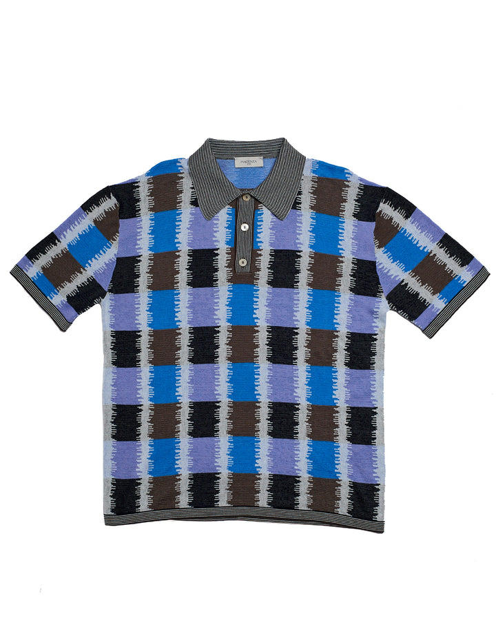 Knitted polo Plaid jacquard - Purple blue - cotton