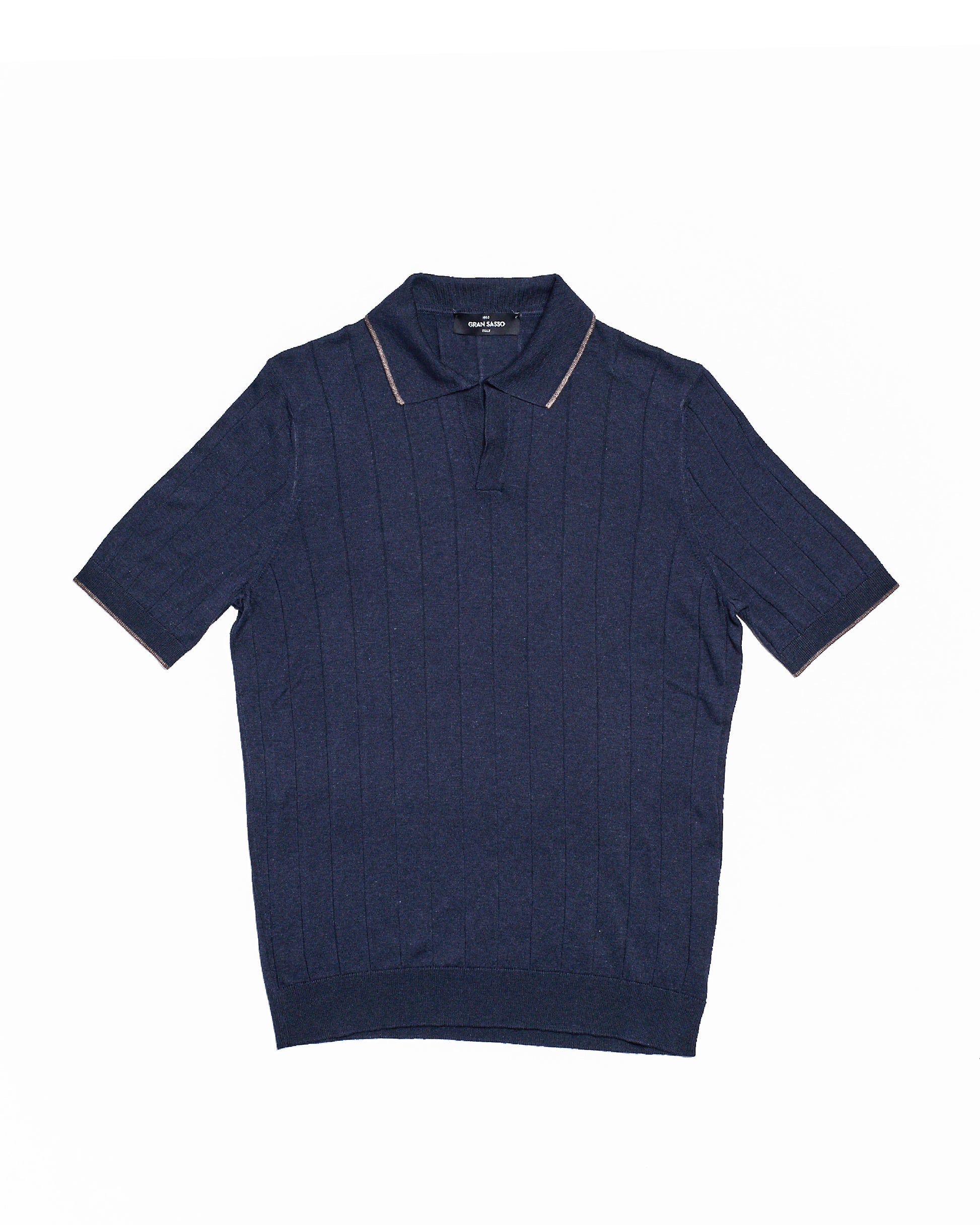 Knitted ribbed silk polo - Navy blue and Brown