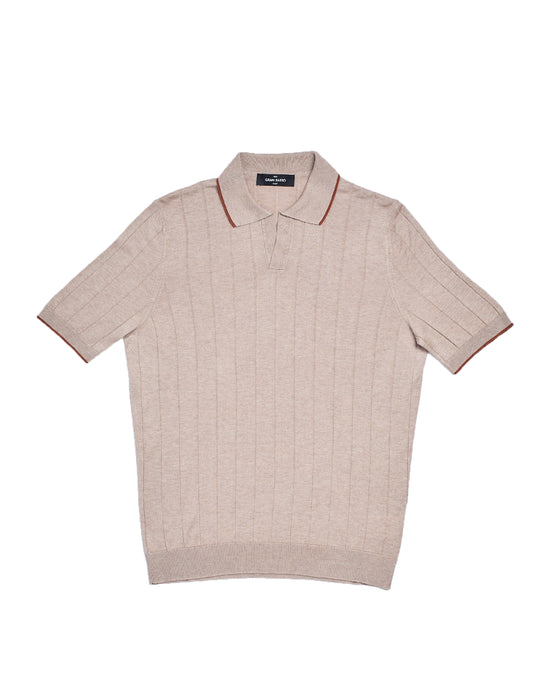 Knitted ribbed silk polo - sand and brown