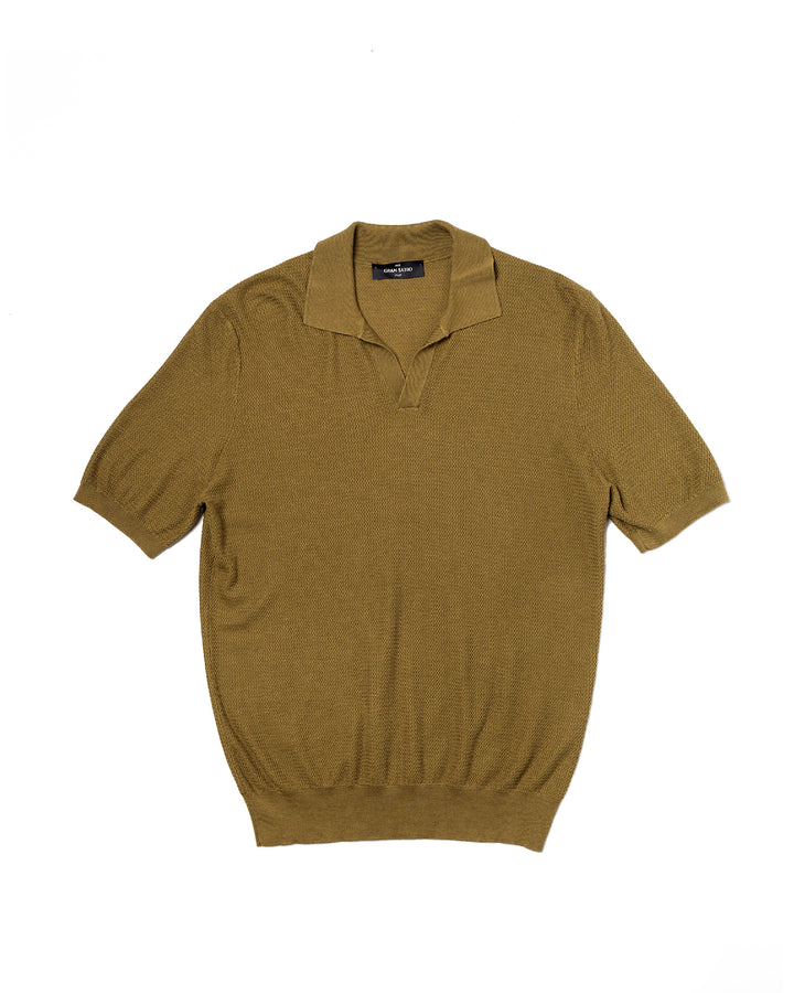 Knitted zigzag silk and cotton polo - Olive green