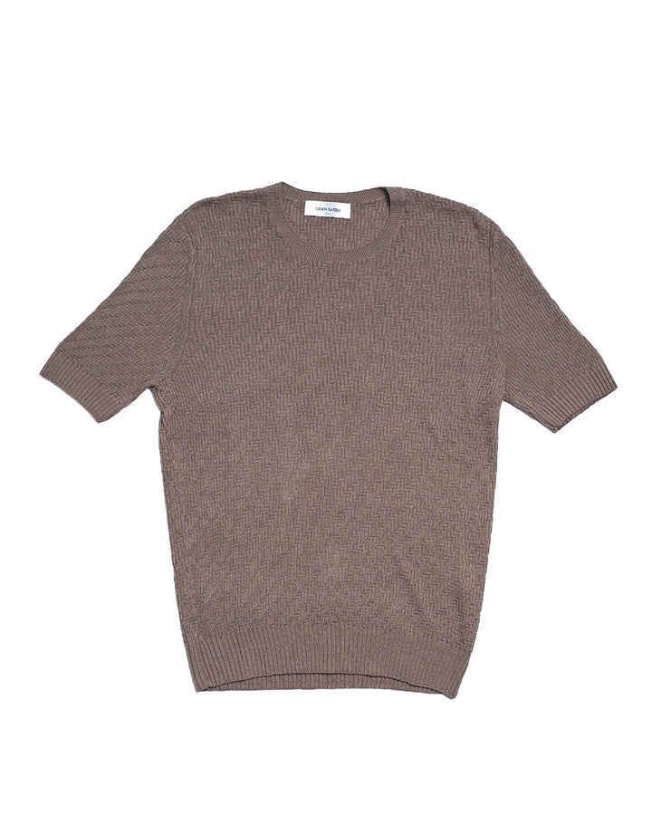 Knitted zigzag linen and cotton T-shirt - Dark brown