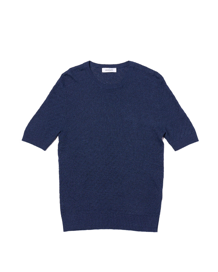 Knitted zigzag linen and cotton T-shirt - Navy blue