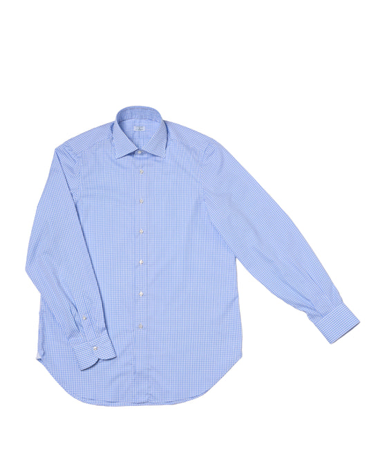 Spread collar shirt - Light blue check poplin cotton