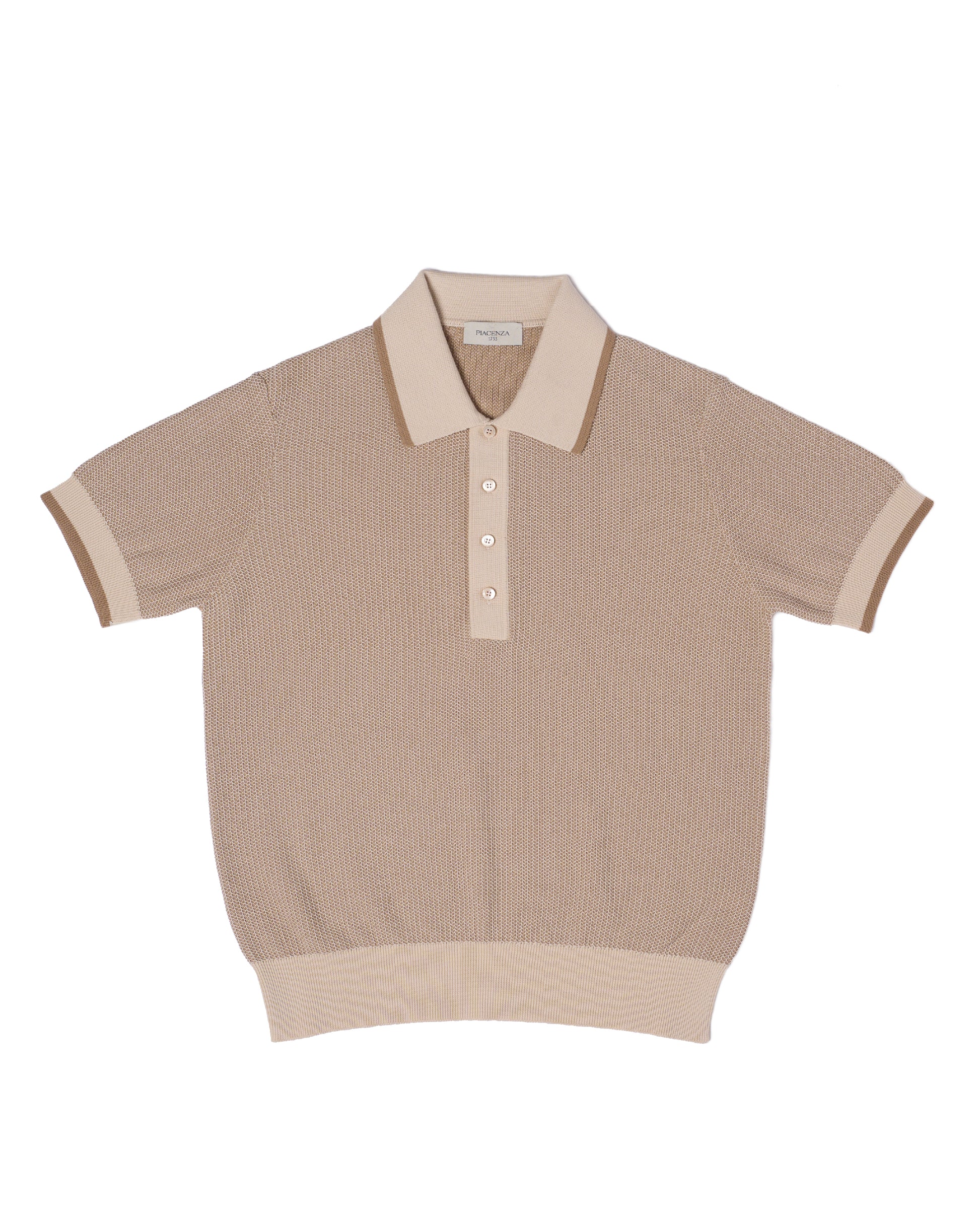 Knitted polo two tone spinet stitch - Brown and beige - cotton