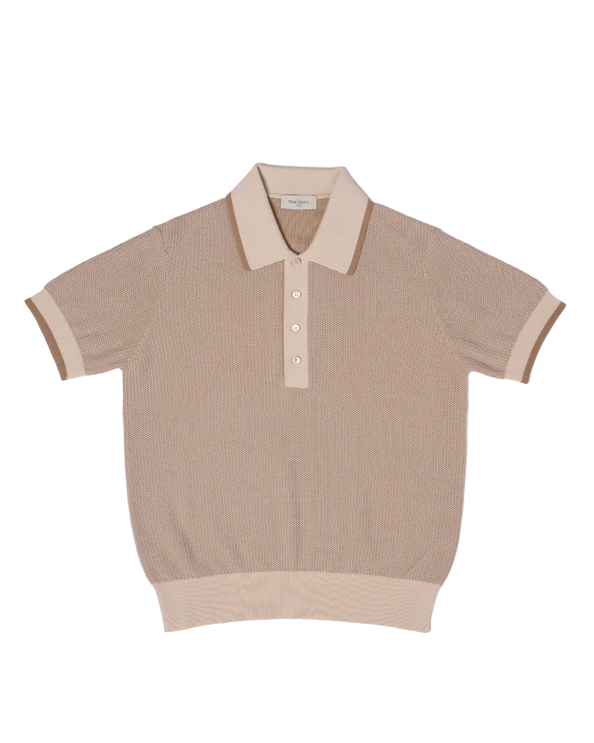 Knitted polo two tone spinet stitch - Brown and beige - cotton