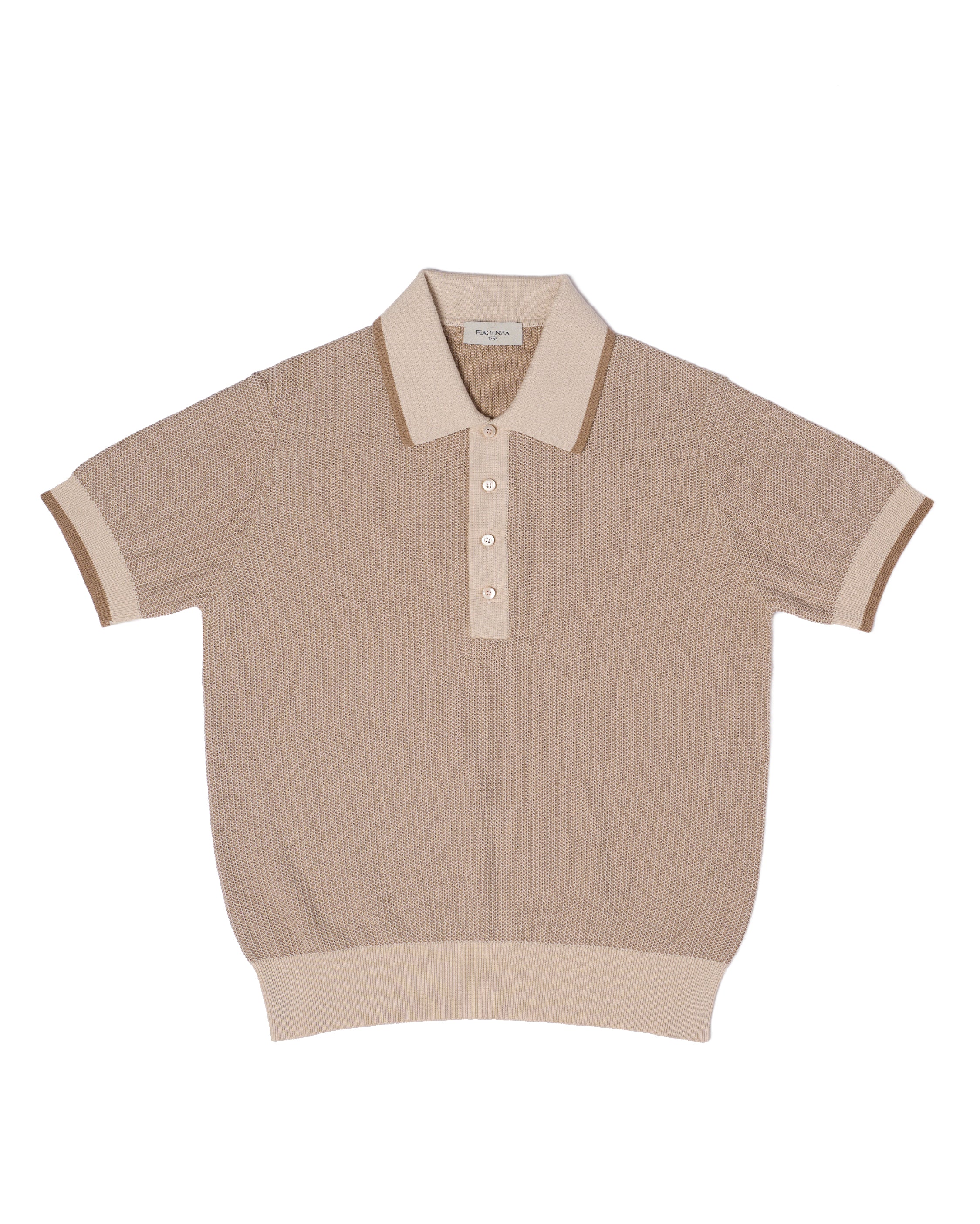 Knitted polo two tone spinet stitch - Brown and beige - cotton