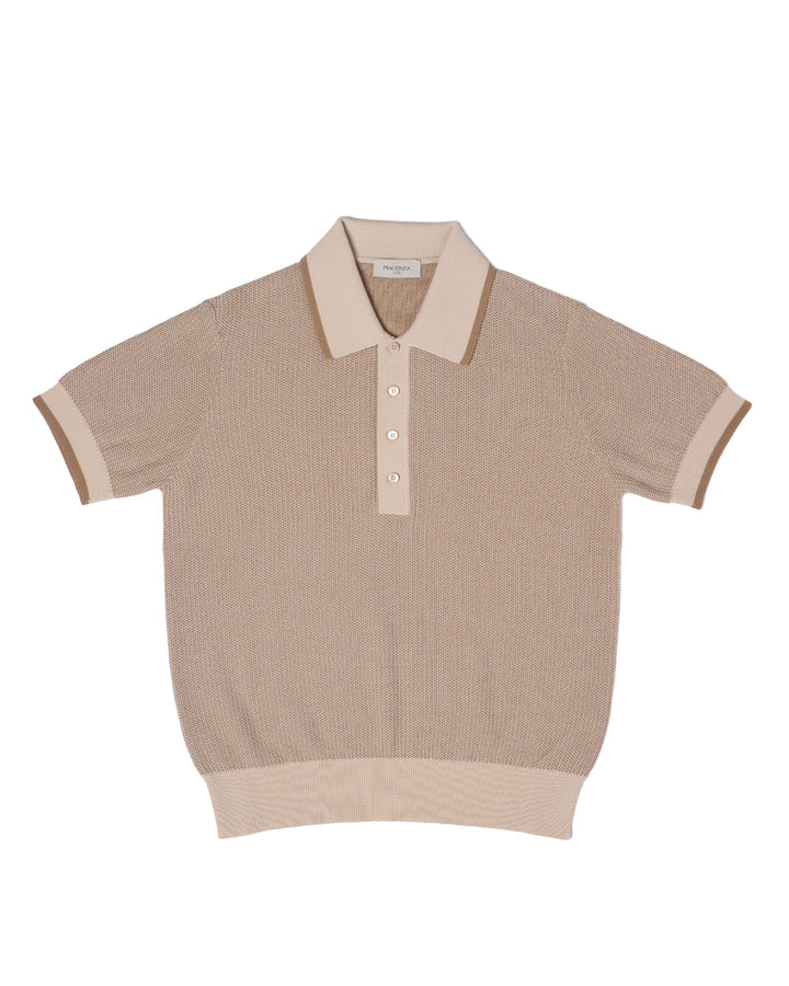 Knitted polo two tone fish stitch - Brown and beige - cotton
