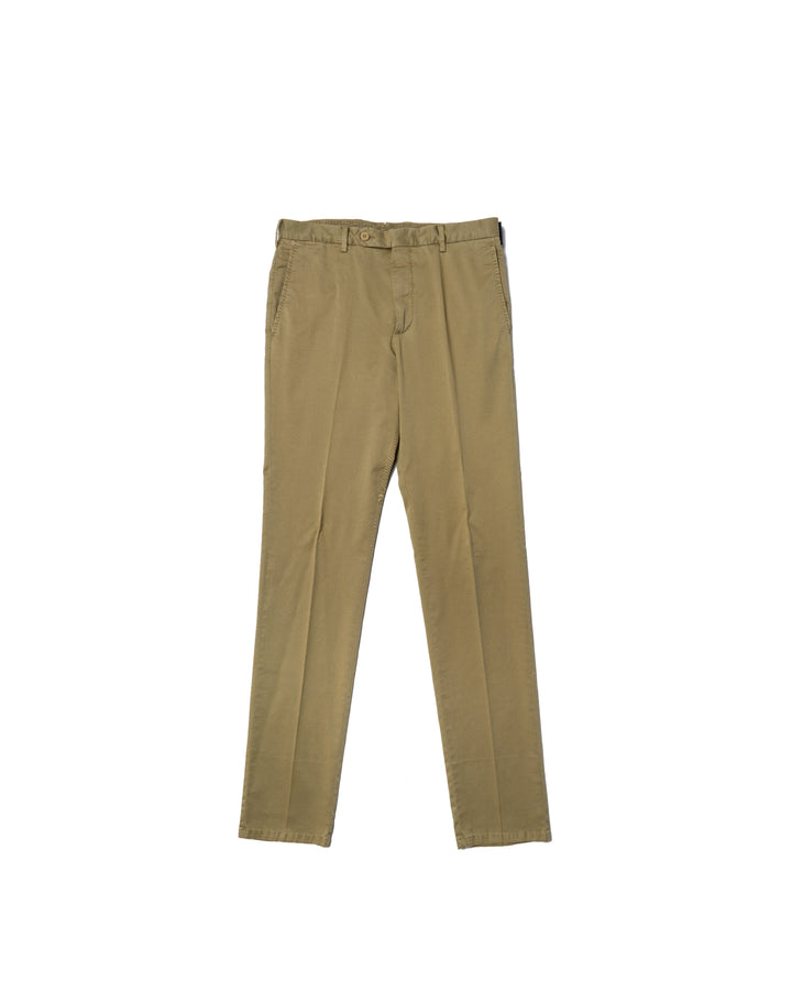 Washed cotton twill - Flat front trousers - Olive green