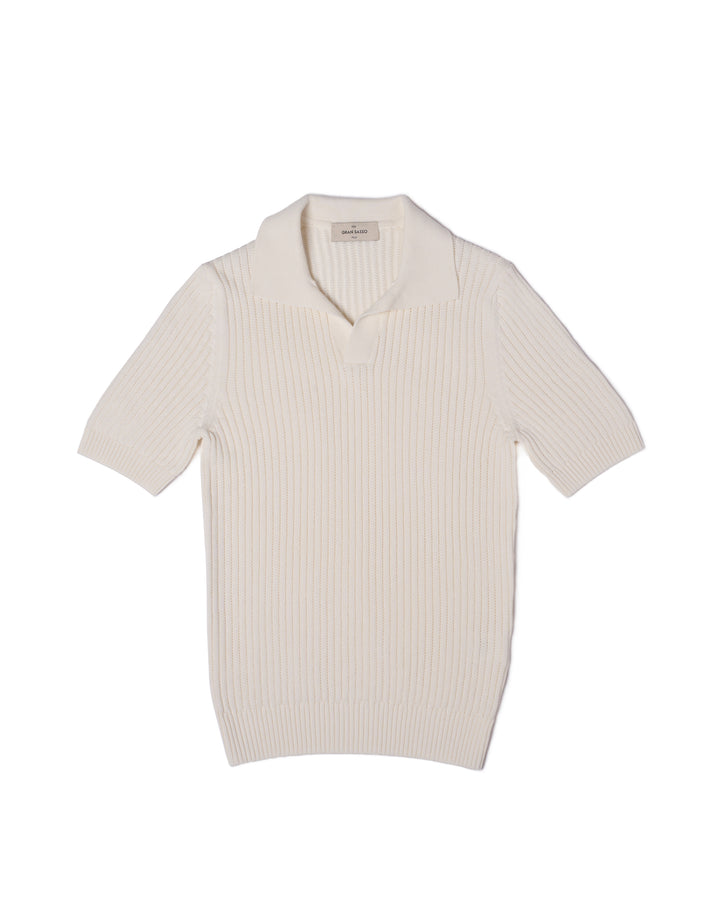Knitted openwork stitch cotton skipper polo - White