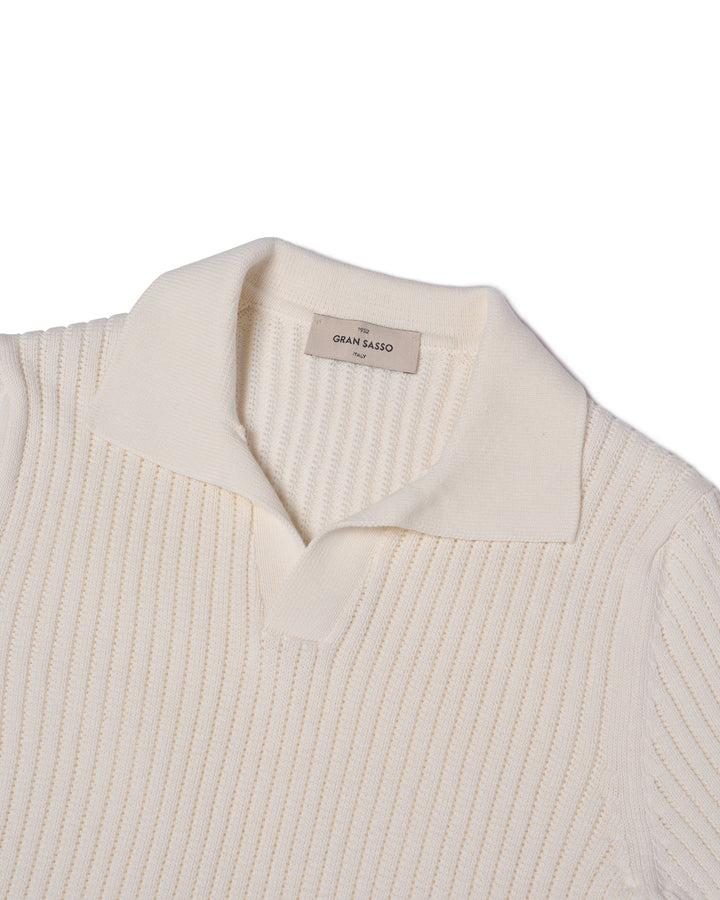 Knitted openwork stitch cotton skipper polo - White