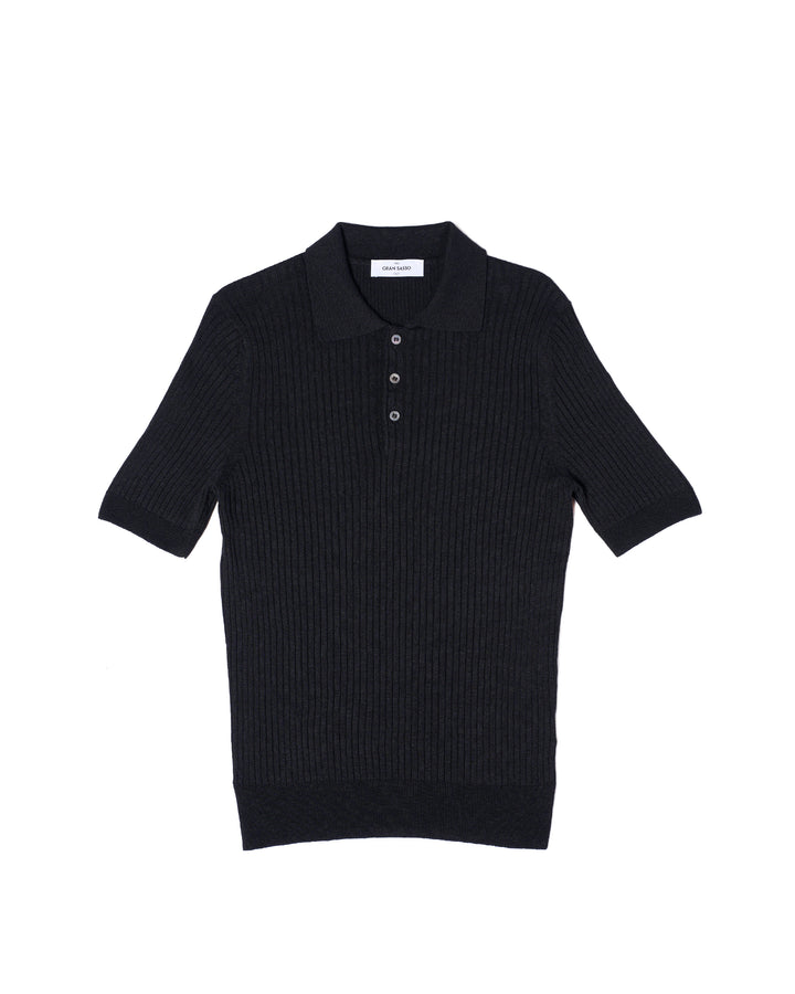 Knitted ribbed linen and cotton polo - Black