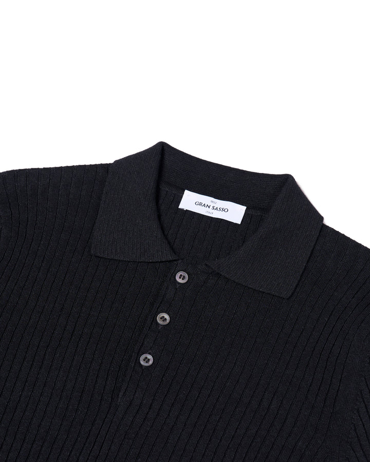 Knitted ribbed linen and cotton polo - Black