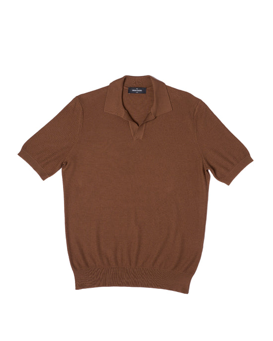 Knitted zigzag silk and cotton polo - Brown