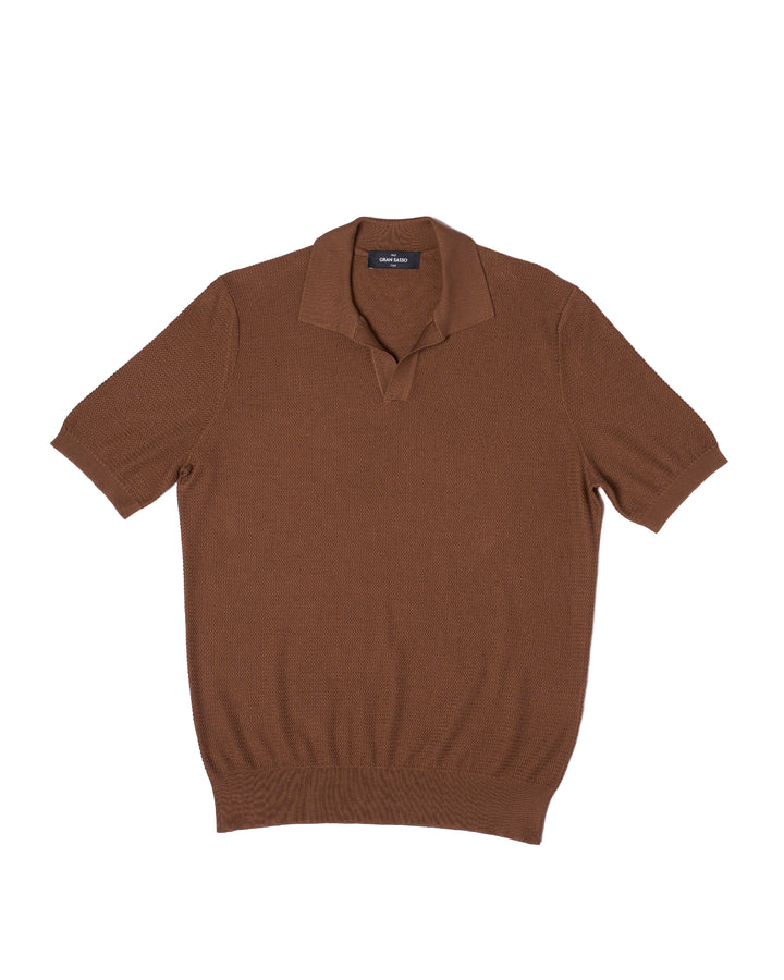 Knitted zigzag silk and cotton polo - Brown