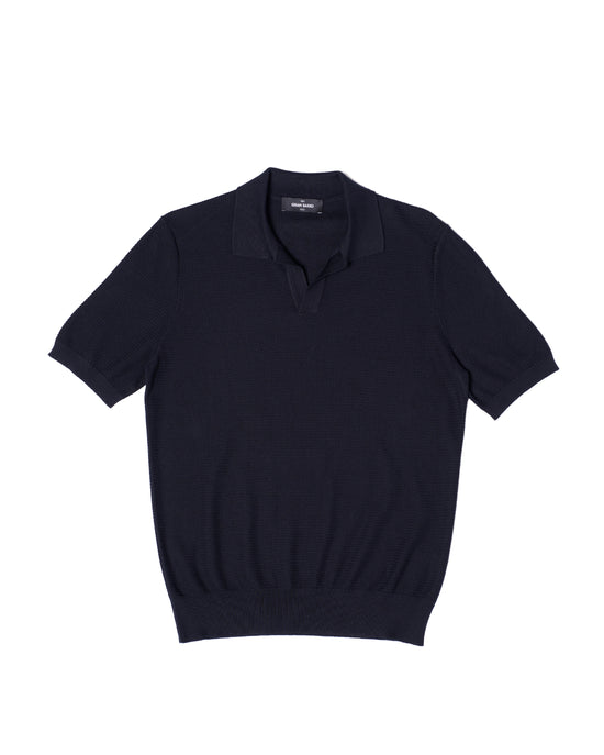 Knitted zigzag silk and cotton polo - Navy blue