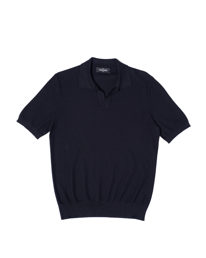 Knitted zigzag silk and cotton polo - Navy blue