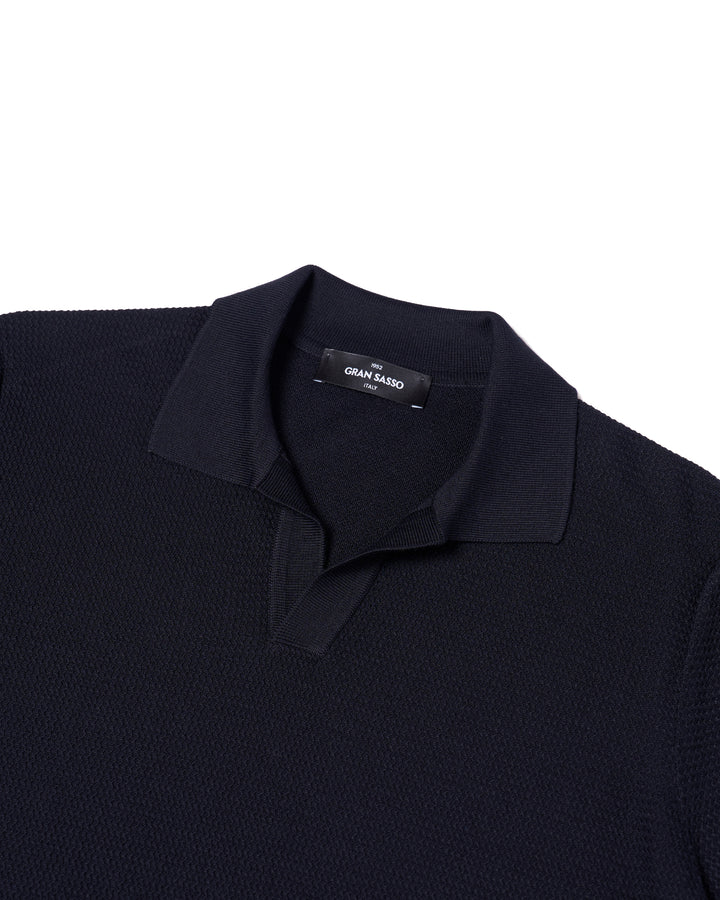 Knitted zigzag silk and cotton polo - Navy blue