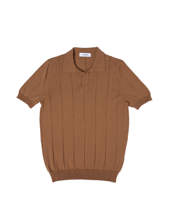 Knitted wide ribbed cotton polo - Brown