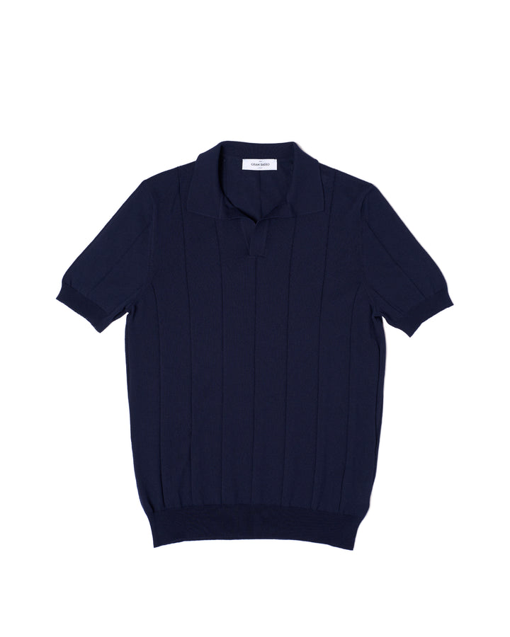 Knitted wide ribbed cotton polo - Navy blue