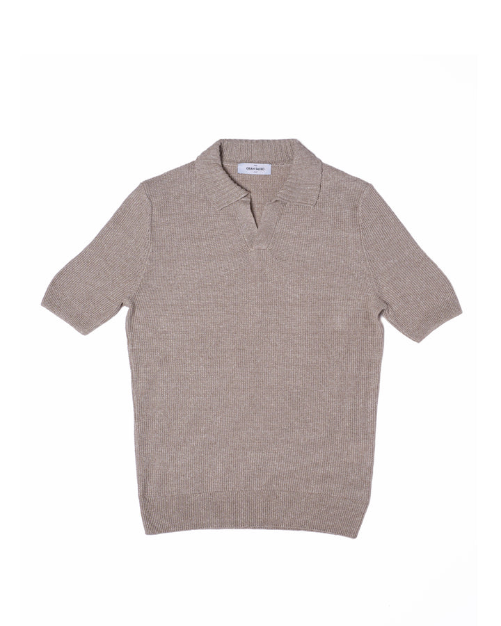 Knitted rice stitch linen and cotton skipper polo - Melange beige