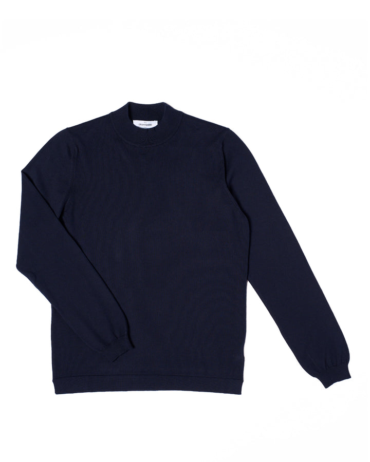Knitted mock neck cotton sweater - Navy blue
