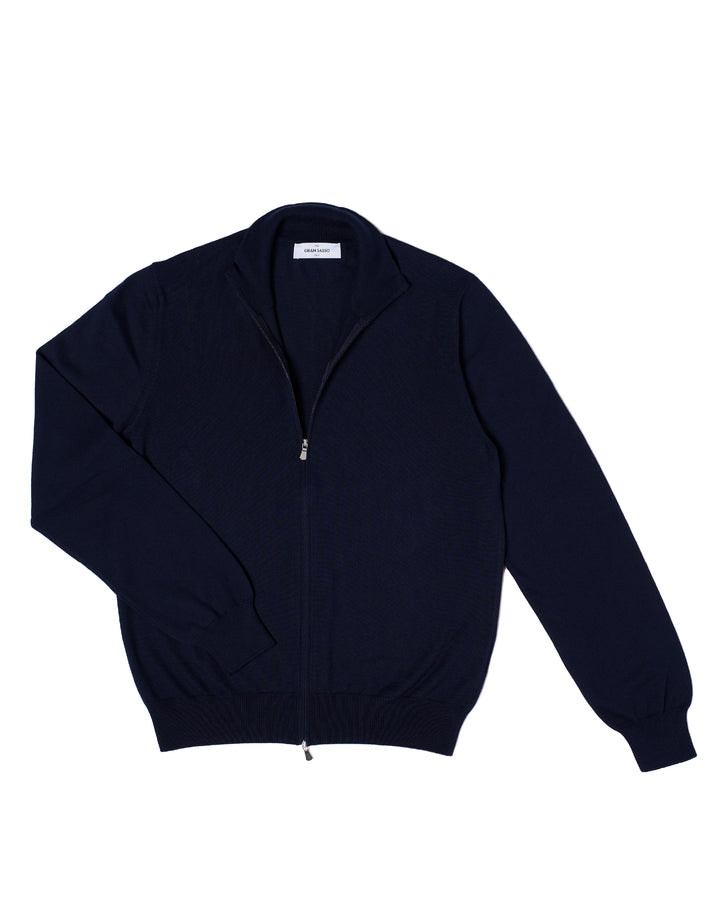 Knitted mock neck with zip cotton sweater - Navy blue