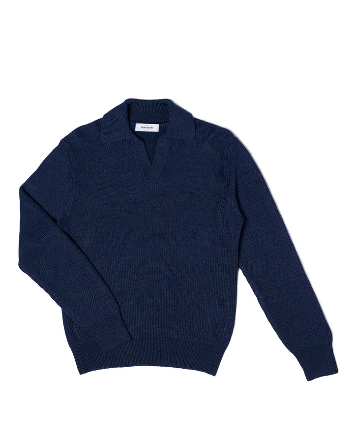 Knitted rib stitch linen and cotton polo - Navy blue