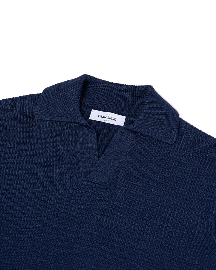 Knitted rib stitch linen and cotton polo - Navy blue