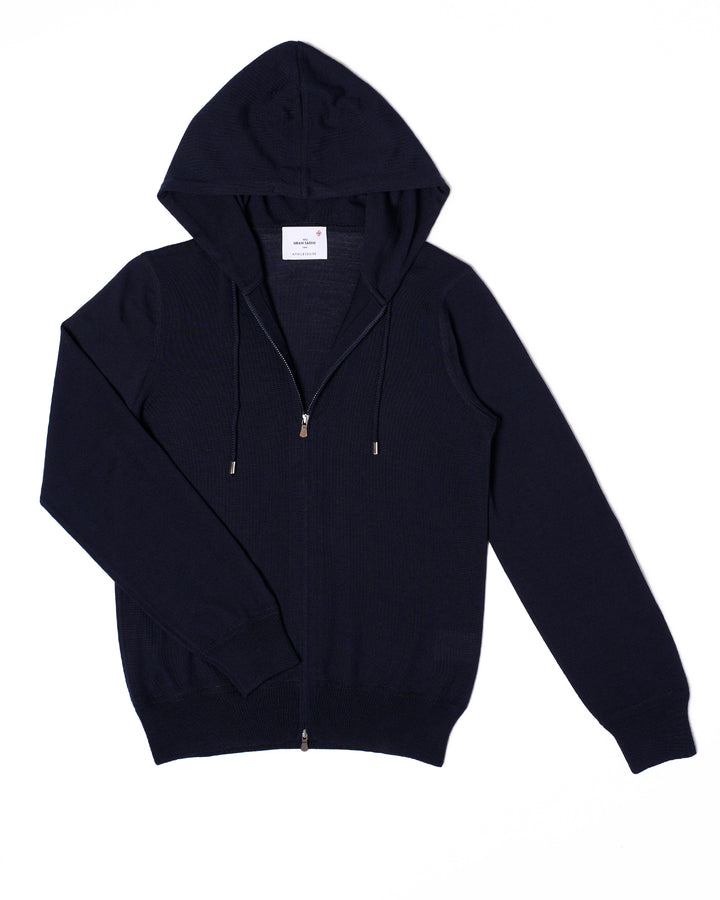 Knitted wool hoodie with zip - Navy blue